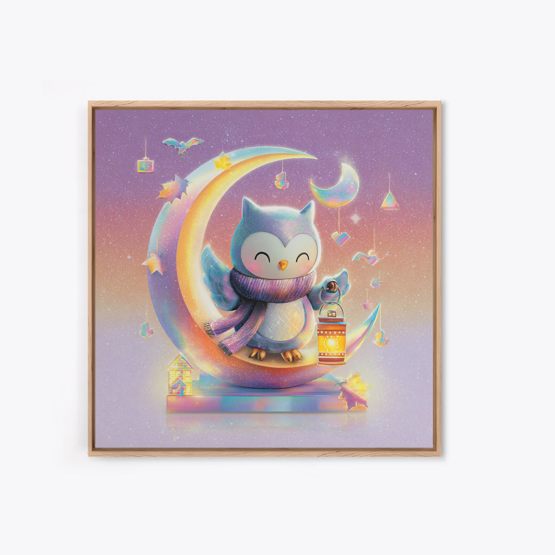 The Owl And The Crescent Moon, Retro Neon Halloween Art, Square Wall Art, Framed Canvas Print, Retro Halloween Decor, Neon Wall Art