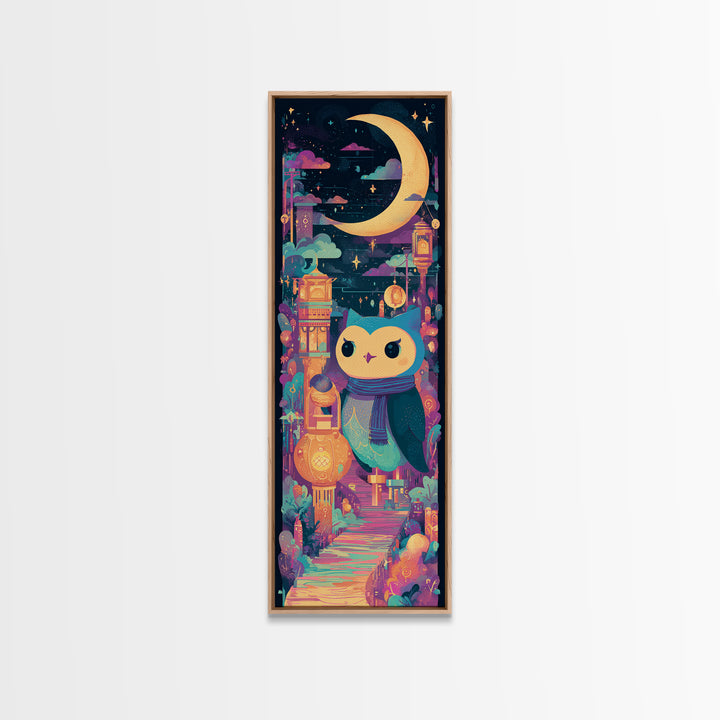 The Owl And The Crescent Moon, 80s Halloween Wall Art, Tall Narrow Wall Art, Canvas Print, Retro Halloween Decor, Neon Wall Art
