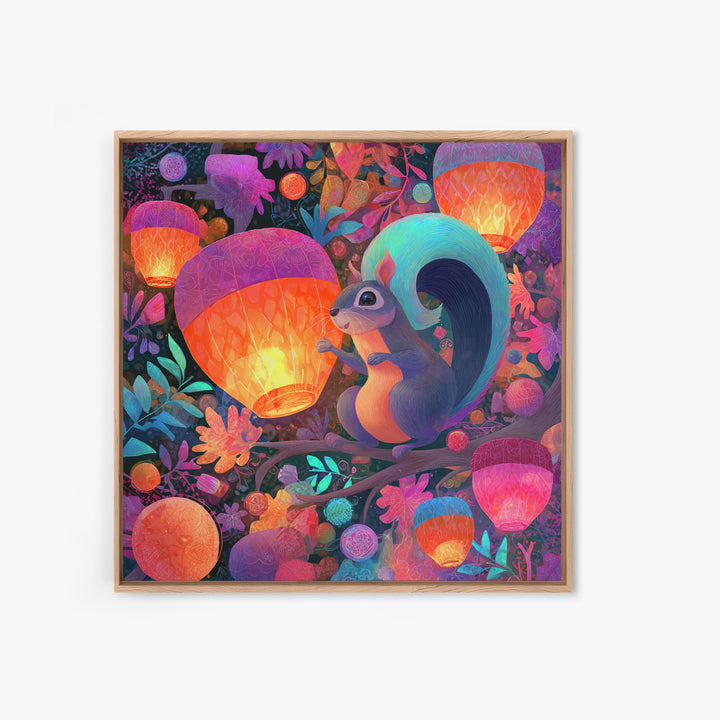 The Acorn Lantern Festival, Cute Spooky Neon Art, Square Wall Art, Framed Canvas Print, Retro Halloween Decor, Neon Wall Art