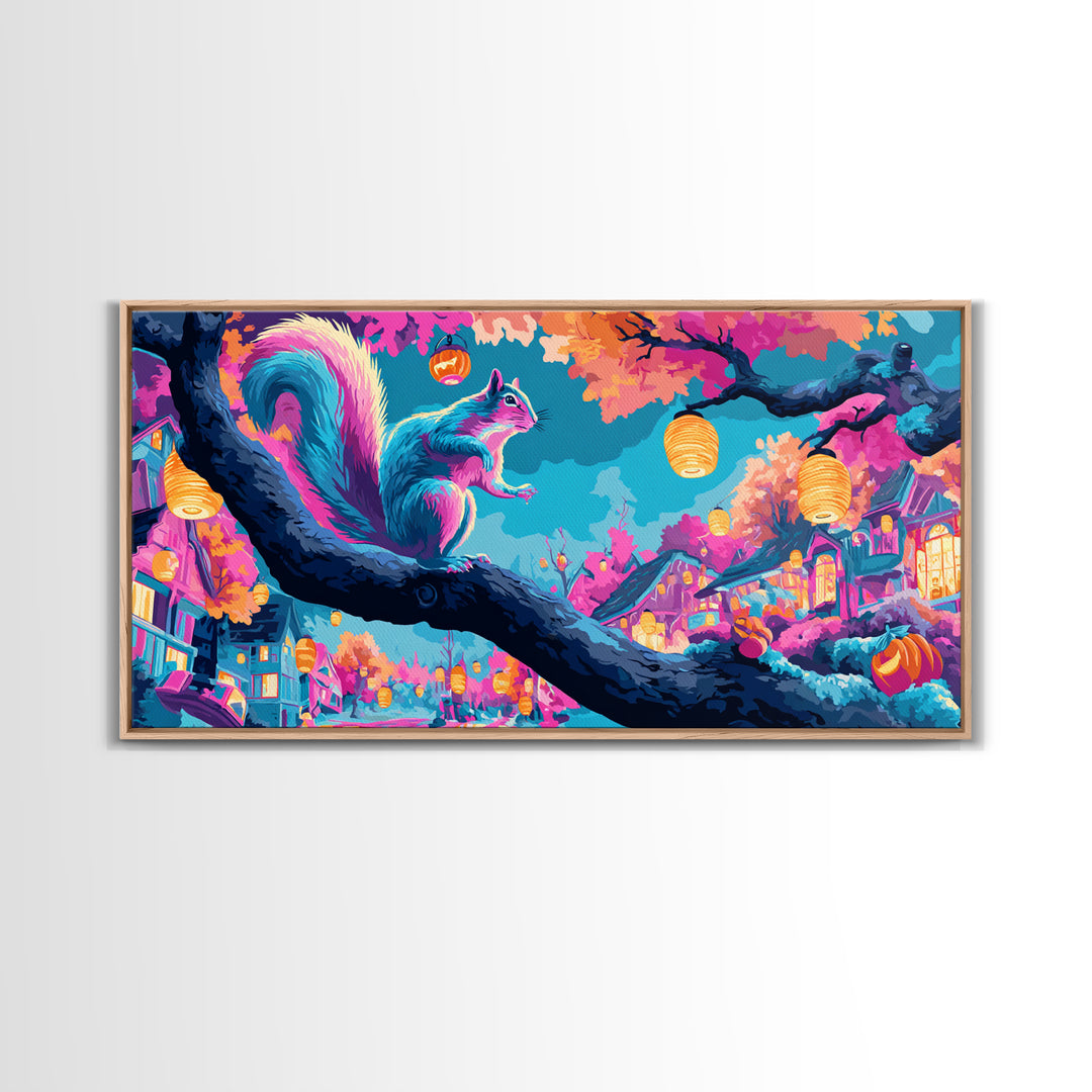 The Acorn Lantern Festival, Synthwave Halloween Art, Wide Panoramic Art, Framed Canvas Print, Retro Halloween Decor, Neon Wall Art