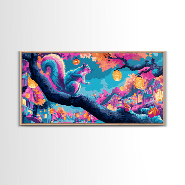 The Acorn Lantern Festival, Synthwave Halloween Art, Wide Panoramic Art, Framed Canvas Print, Retro Halloween Decor, Neon Wall Art
