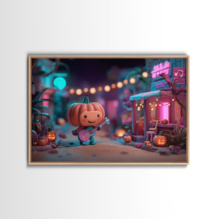 The Singing Pumpkin Patch, Vaporwave Halloween Decor, Landscape Wall Art, Framed Canvas Print, Retro Halloween Decor, Neon Wall Art
