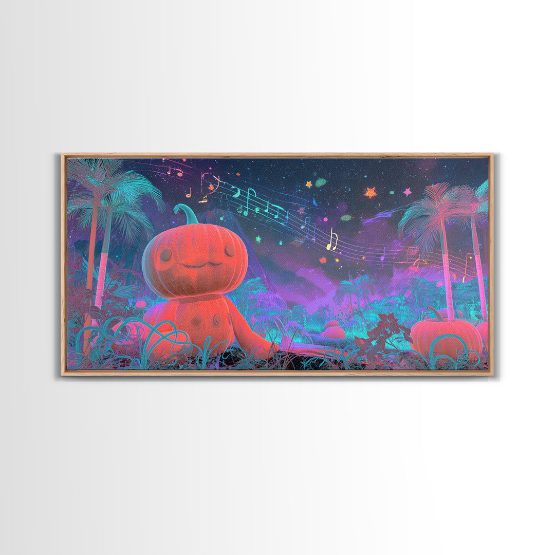 The Singing Pumpkin Patch, Vaporwave Halloween Decor, Wide Panoramic Art, Framed Canvas Print, Retro Halloween Decor, Neon Wall Art