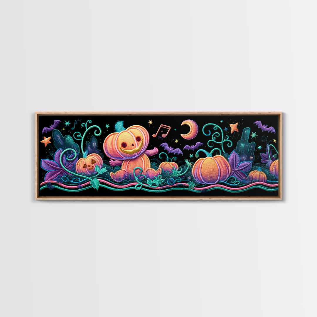 The Singing Pumpkin Patch, Retro Neon Halloween Art, Extra Wide Wall Art, Canvas Print, Retro Halloween Decor, Neon Wall Art