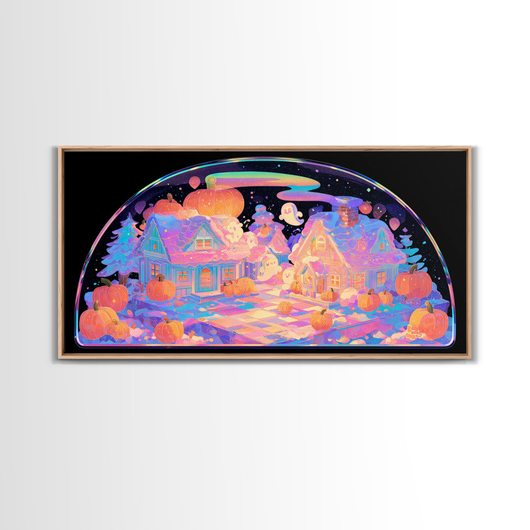 Halloween Inside A Snow Globe, 80s Halloween Wall Art, Wide Panoramic Art, Canvas Print, Retro Halloween Decor, Neon Wall Art