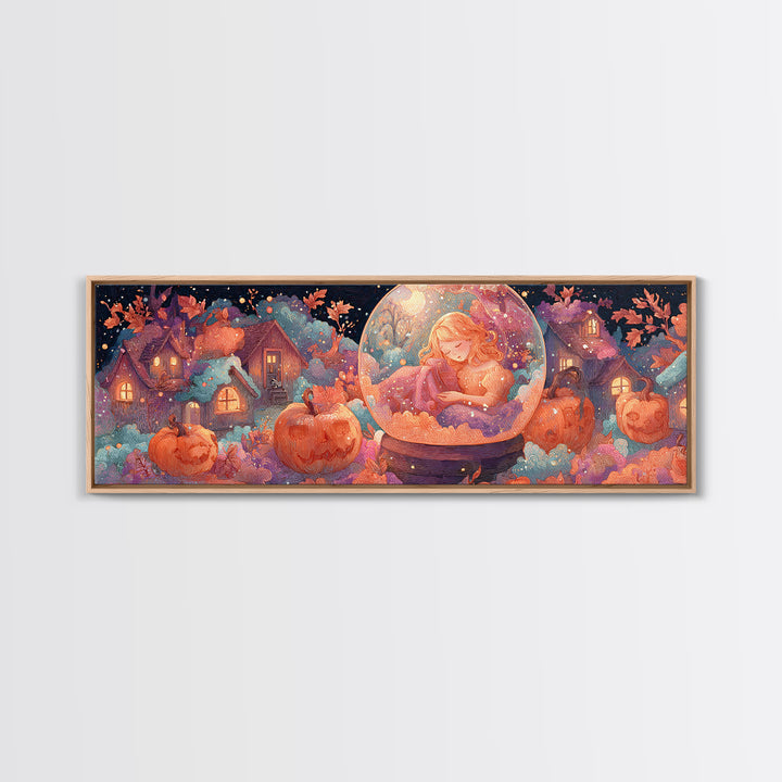 Halloween Inside A Snow Globe, 80s Halloween Wall Art, Extra Wide Wall Art, Canvas Print, Retro Halloween Decor, Neon Wall Art