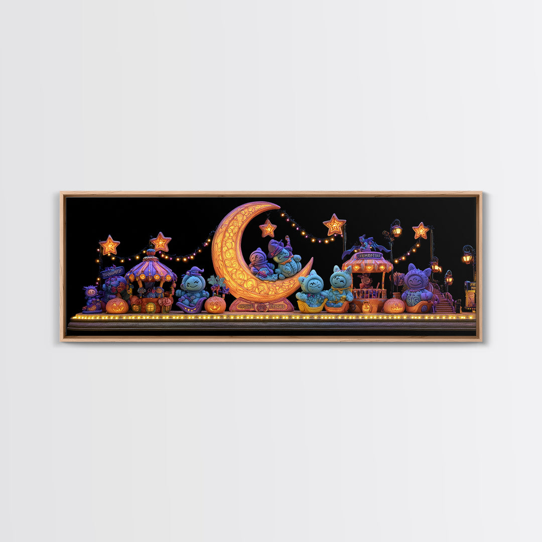 The Tiny Moon Carnival, 80s Halloween Wall Art, Extra Wide Wall Art, Framed Canvas Print, Retro Halloween Decor, Neon Wall Art