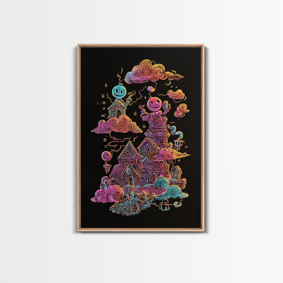 The Upside-Down Candy Kingdom, Vaporwave Halloween Decor, Vertical Wall Art, Canvas Print, Retro Halloween Decor, Neon Wall Art