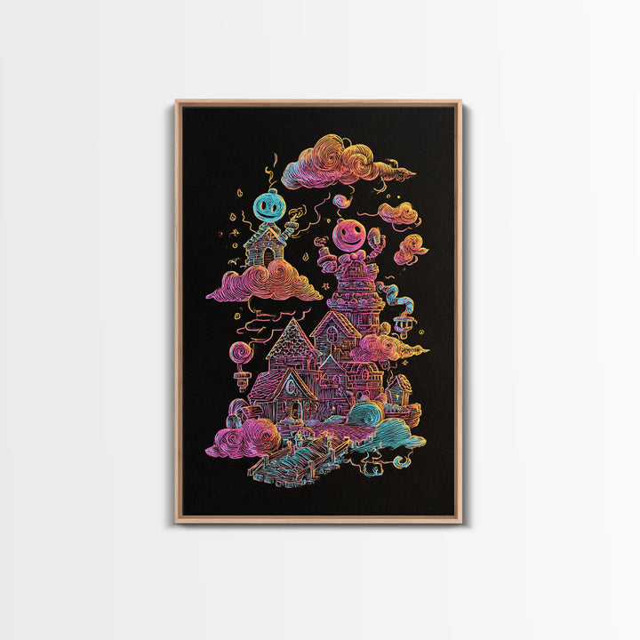 The Upside-Down Candy Kingdom, Vaporwave Halloween Decor, Vertical Wall Art, Canvas Print, Retro Halloween Decor, Neon Wall Art