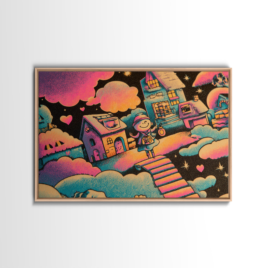 The Upside-Down Candy Kingdom, Synthwave Halloween Art, Landscape Wall Art, Framed Canvas Print, Retro Halloween Decor, Neon Wall Art