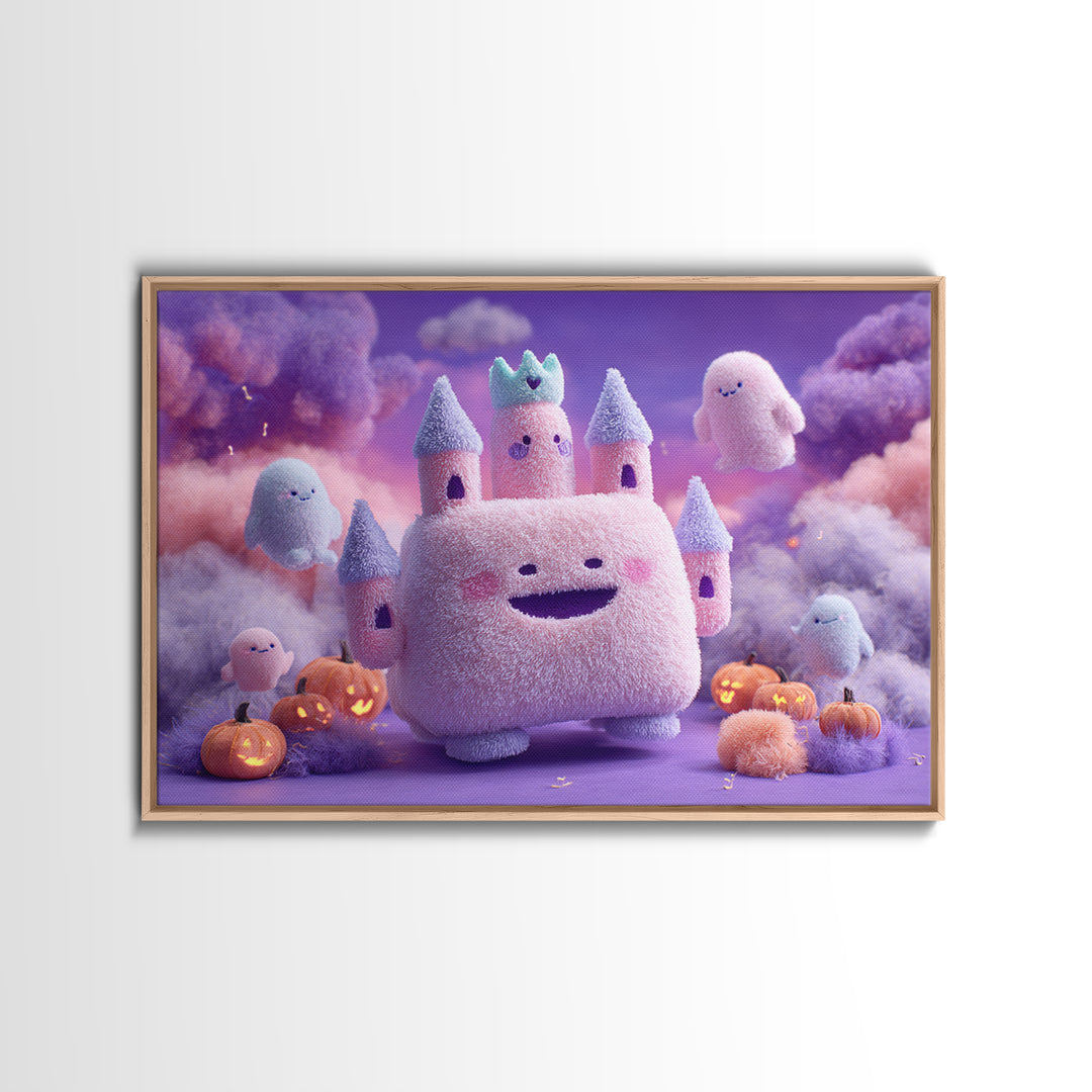 The Halloween Cloud Castle, Vaporwave Halloween Decor, Landscape Wall Art, Framed Canvas Print, Retro Halloween Decor, Neon Wall Art
