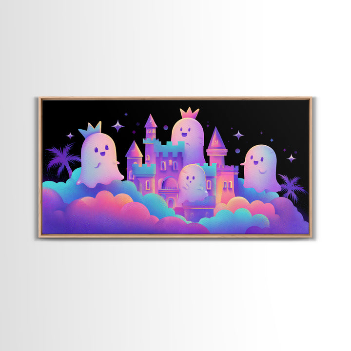 The Halloween Cloud Castle, 80s Halloween Wall Art, Wide Panoramic Art, Framed Canvas Print, Retro Halloween Decor, Neon Wall Art