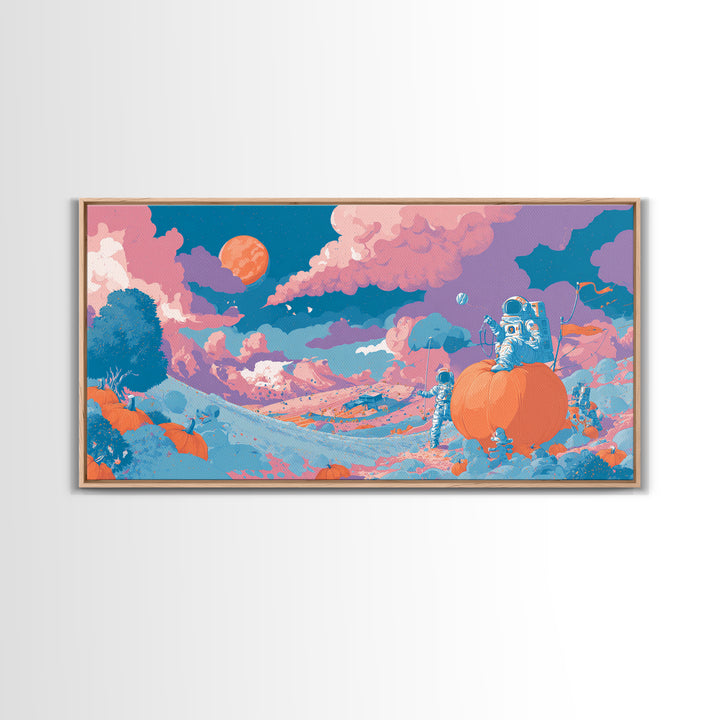 The Pumpkin Moon Expedition, Cute Spooky Neon Art, Wide Panoramic Art, Canvas Print, Retro Halloween Decor, Neon Wall Art, Spooky Wall Decor