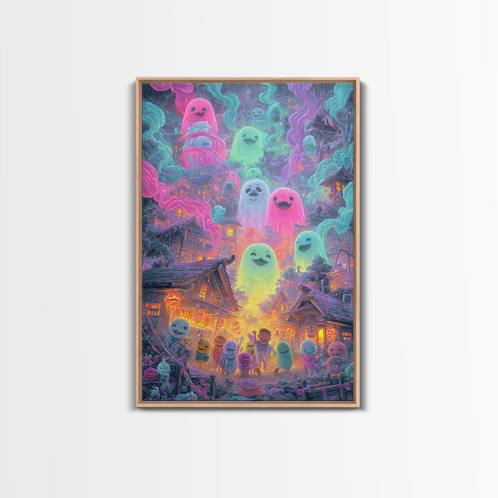 The Ghost Balloon City, Retro Neon Halloween Art, Vertical Wall Art, Framed Canvas Print, Retro Halloween Decor, Neon Wall Art