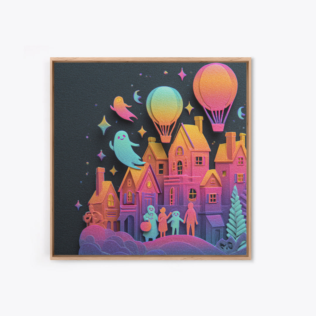 The Ghost Balloon City, Cute Spooky Neon Art, Square Wall Art, Canvas Print, Retro Halloween Decor, Neon Wall Art, Horror Wall Art