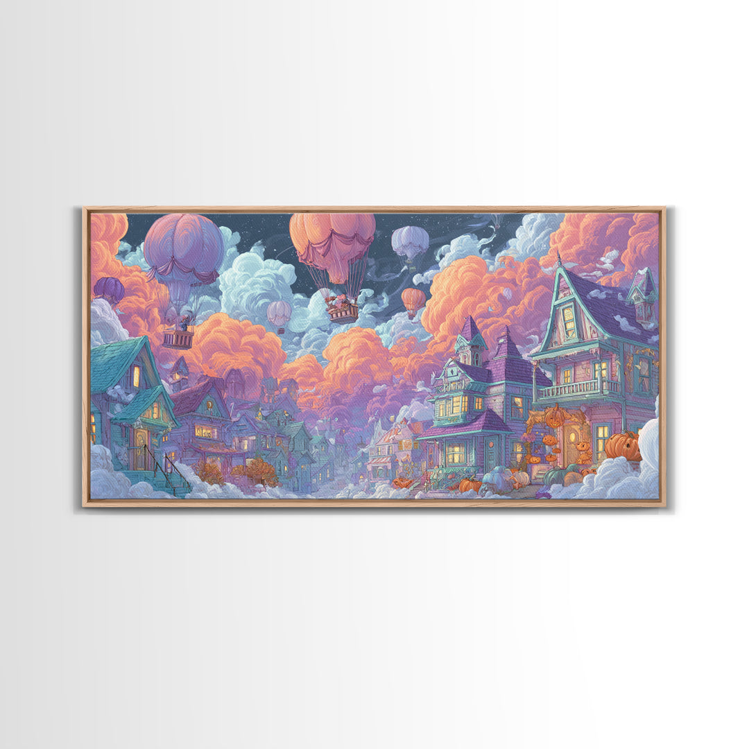 The Ghost Balloon City, Synthwave Halloween Art, Wide Panoramic Art, Framed Canvas Print, Retro Halloween Decor, Neon Wall Art