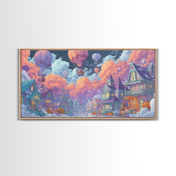 The Ghost Balloon City, Synthwave Halloween Art, Wide Panoramic Art, Framed Canvas Print, Retro Halloween Decor, Neon Wall Art