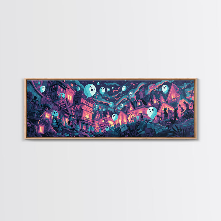 The Ghost Balloon City, Synthwave Halloween Art, Extra Wide Wall Art, Canvas Print, Retro Halloween Decor, Neon Wall Art, Statement Wall Art