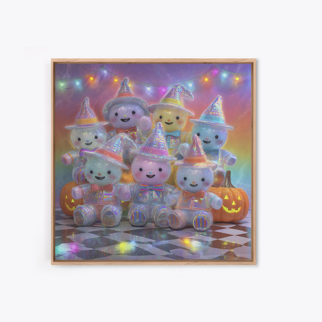 The Halloween Toy Kingdom, Cute Spooky Neon Art, Square Wall Art, Framed Canvas Print, Retro Halloween Decor, Neon Wall Art