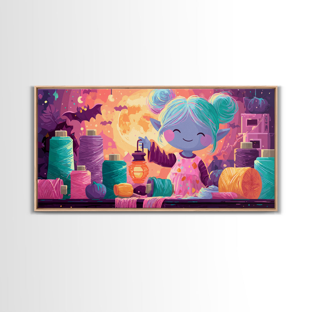The Magical Costume Workshop, 80s Halloween Wall Art, Wide Panoramic Art, Framed Canvas Print, Retro Halloween Decor, Neon Wall Art
