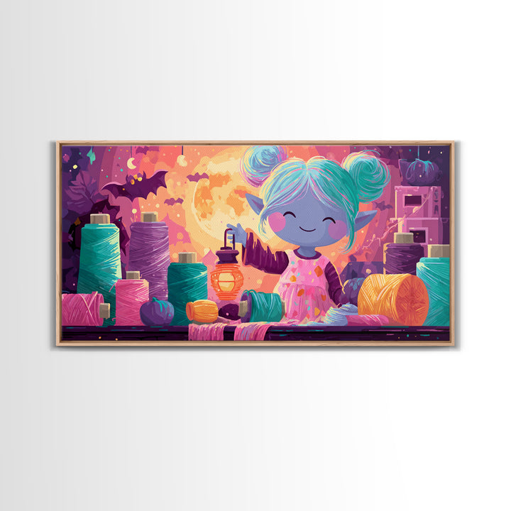 The Magical Costume Workshop, 80s Halloween Wall Art, Wide Panoramic Art, Framed Canvas Print, Retro Halloween Decor, Neon Wall Art