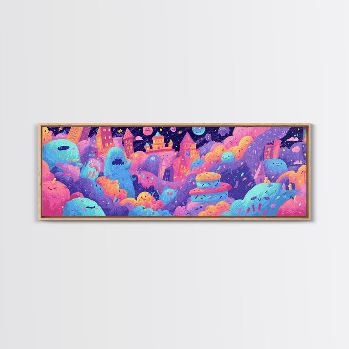 The Great Monster Pajama Party, Vaporwave Halloween Decor, Extra Wide Wall Art, Canvas Print, Retro Halloween Decor, Neon Wall Art