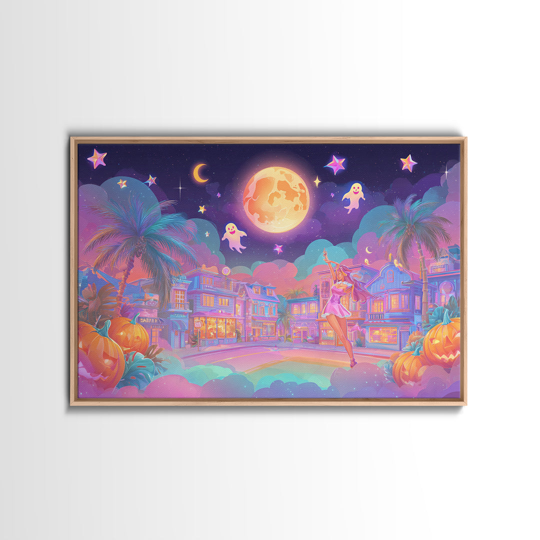 The Rainbow Halloween Night, 80s Halloween Wall Art, Landscape Wall Art, Canvas Print, Retro Halloween Decor, Neon Wall Art