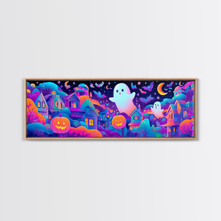 The Rainbow Halloween Night, Cute Spooky Neon Art, Extra Wide Wall Art, Canvas Print, Retro Halloween Decor, Neon Wall Art