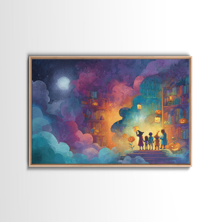 The Enchanted Halloween Library, Retro Neon Halloween Art, Landscape Wall Art, Framed Canvas Print, Retro Halloween Decor, Neon Wall Art
