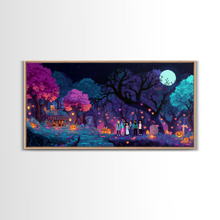 The Enchanted Halloween Library, Cute Spooky Neon Art, Wide Panoramic Art, Canvas Print, Retro Halloween Decor, Neon Wall Art