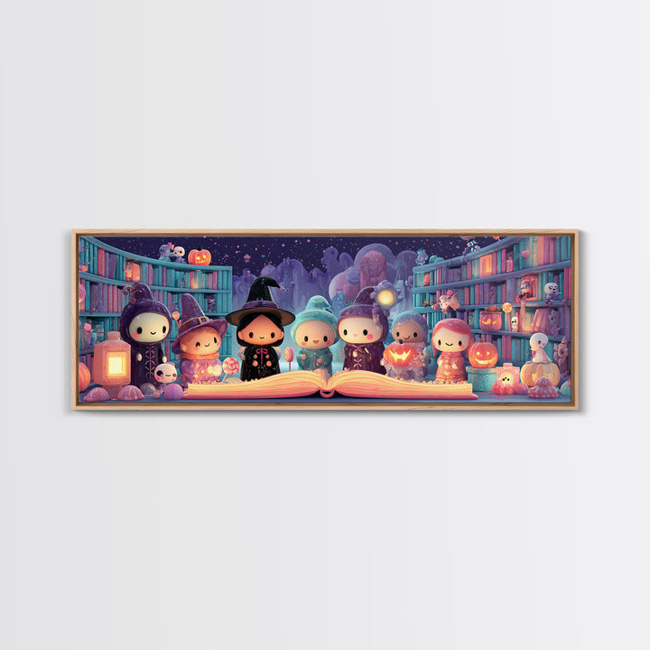 The Enchanted Halloween Library, Cute Spooky Neon Art, Extra Wide Wall Art, Canvas Print, Retro Halloween Decor, Neon Wall Art