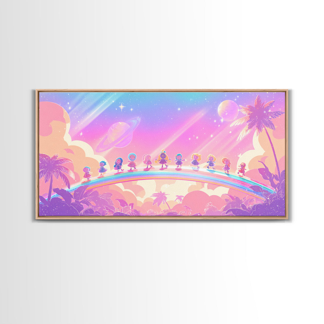 The Parade Across The Stars, Synthwave Halloween Art, Wide Panoramic Art, Framed Canvas Print, Retro Halloween Decor, Neon Wall Art
