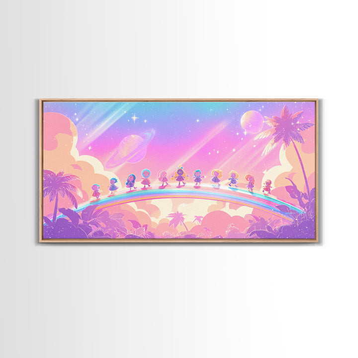 The Parade Across The Stars, Synthwave Halloween Art, Wide Panoramic Art, Framed Canvas Print, Retro Halloween Decor, Neon Wall Art