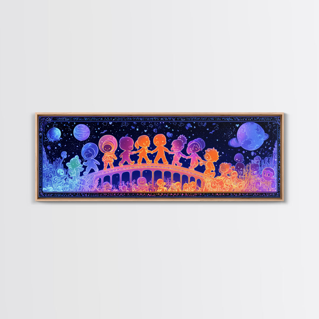 The Parade Across The Stars, Retro Neon Halloween Art, Extra Wide Wall Art, Framed Canvas Print, Retro Halloween Decor, Neon Wall Art