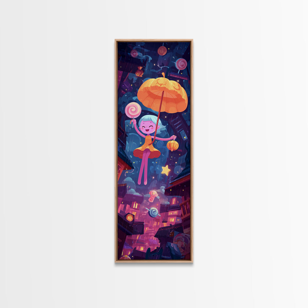 The Enchanted Umbrella Adventure, Vaporwave Halloween Decor, Tall Narrow Wall Art, Canvas Print, Retro Halloween Decor, Neon Wall Art