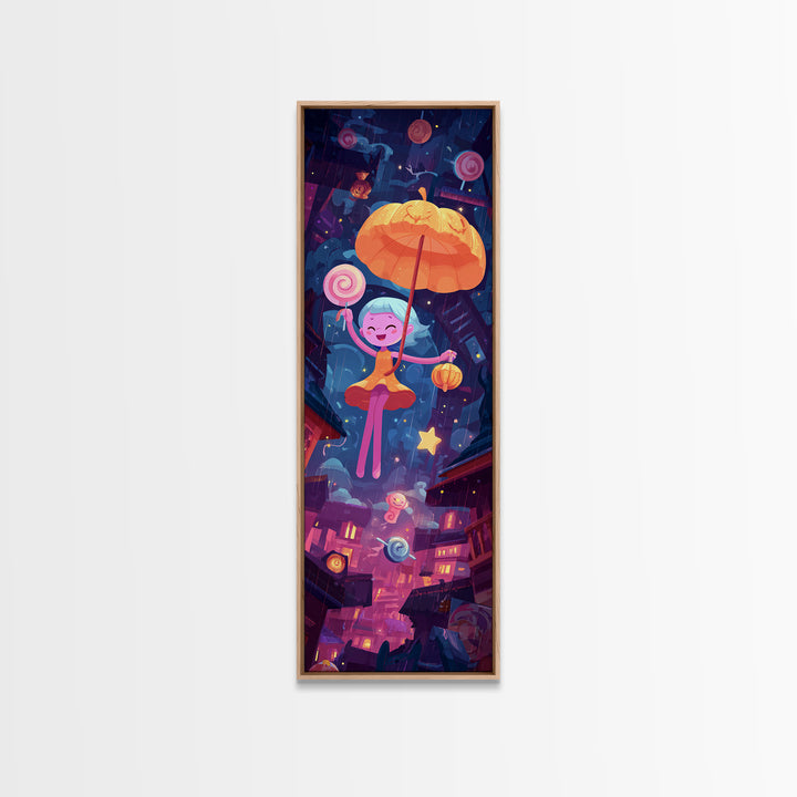The Enchanted Umbrella Adventure, Vaporwave Halloween Decor, Tall Narrow Wall Art, Canvas Print, Retro Halloween Decor, Neon Wall Art