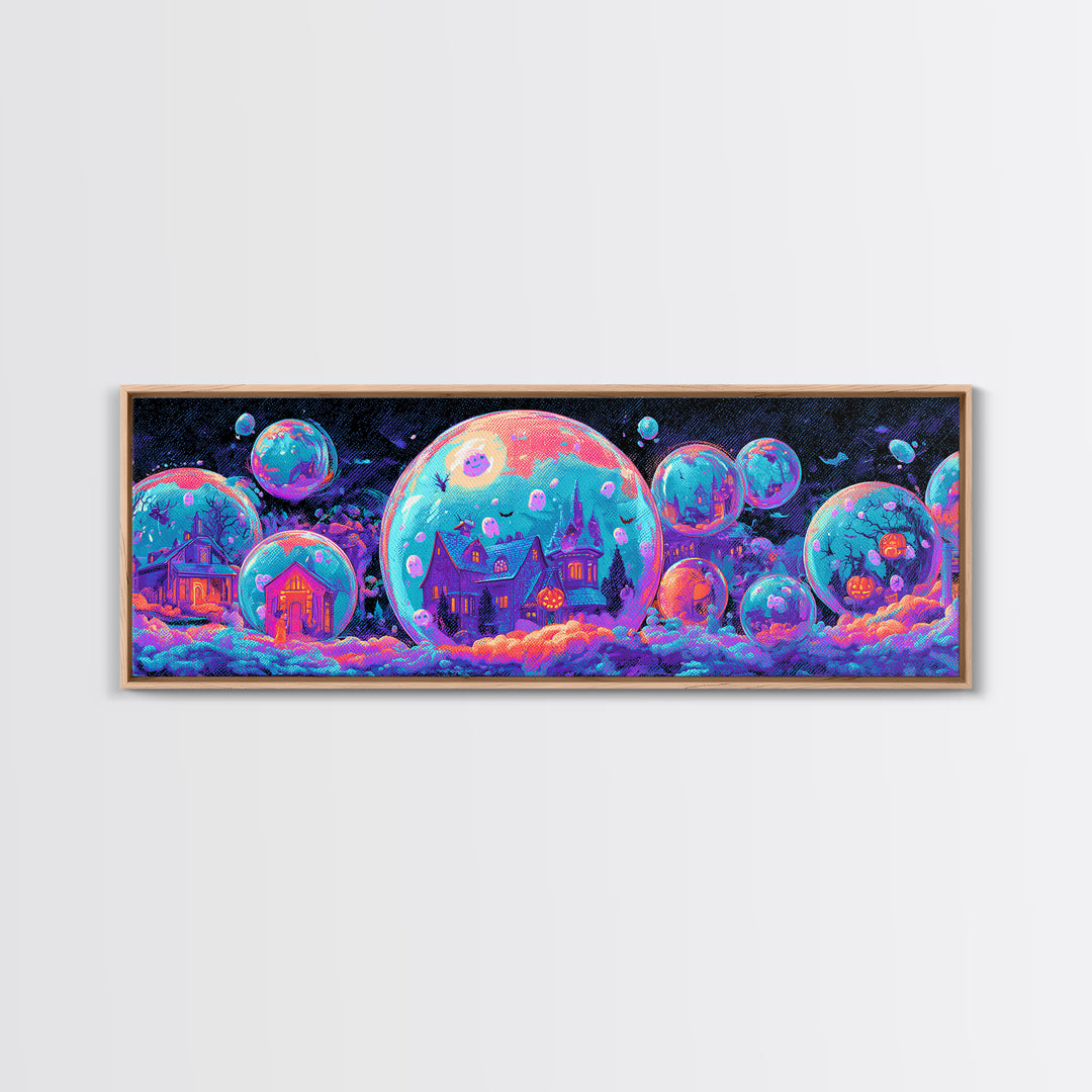 The Halloween Bubble Village, Cute Spooky Neon Art, Extra Wide Wall Art, Canvas Print, Retro Halloween Decor, Neon Wall Art