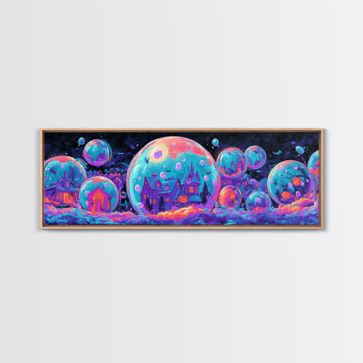 The Halloween Bubble Village, Cute Spooky Neon Art, Extra Wide Wall Art, Canvas Print, Retro Halloween Decor, Neon Wall Art