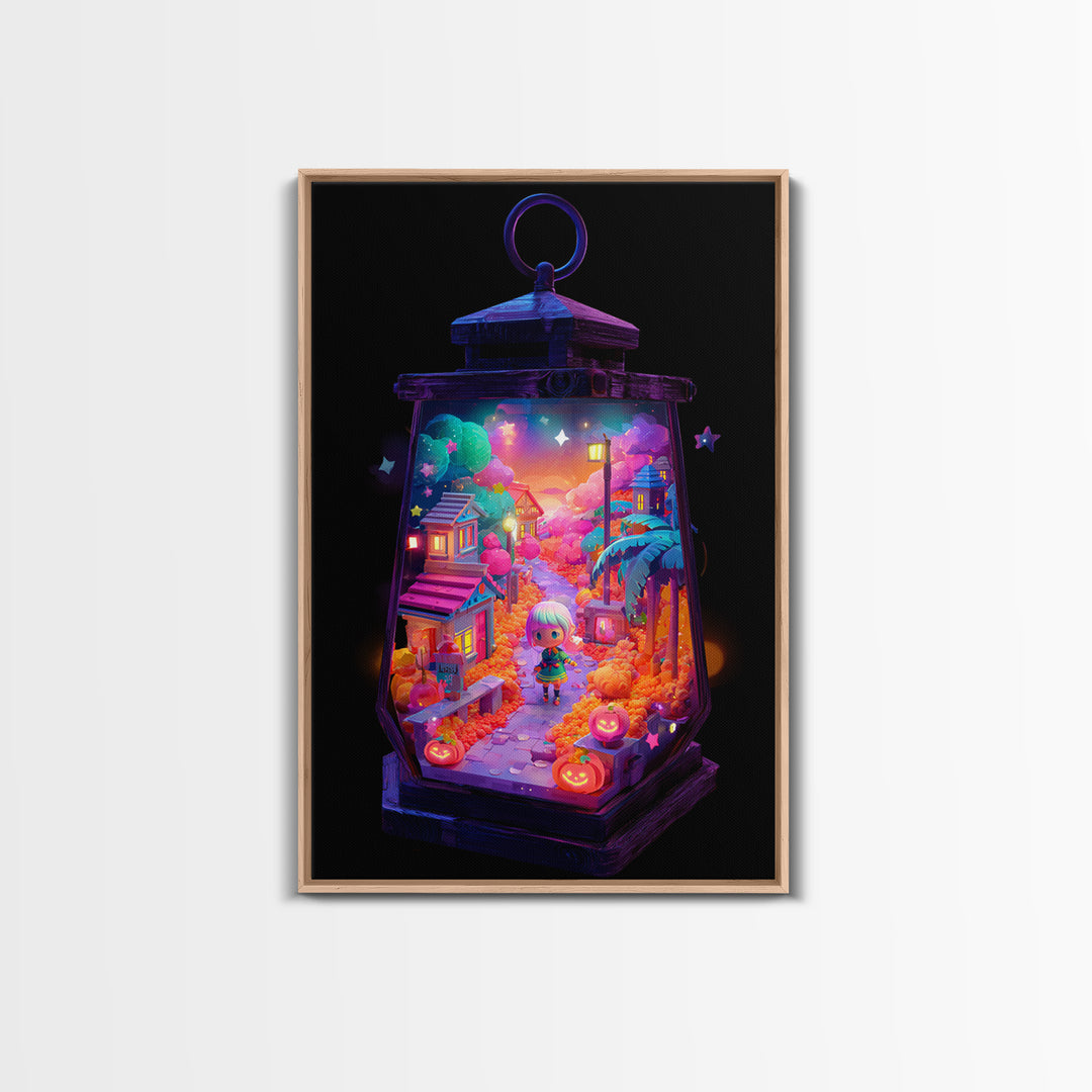 The World Inside A Lantern, Cute Spooky Neon Art, Vertical Wall Art, Canvas Print, Retro Halloween Decor, Neon Wall Art, Macabre Wall Art