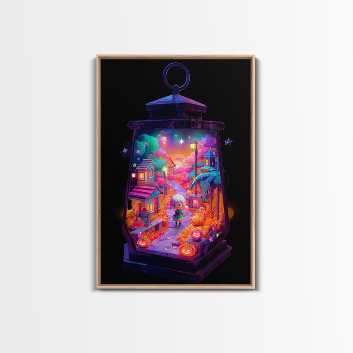 The World Inside A Lantern, Cute Spooky Neon Art, Vertical Wall Art, Canvas Print, Retro Halloween Decor, Neon Wall Art, Macabre Wall Art