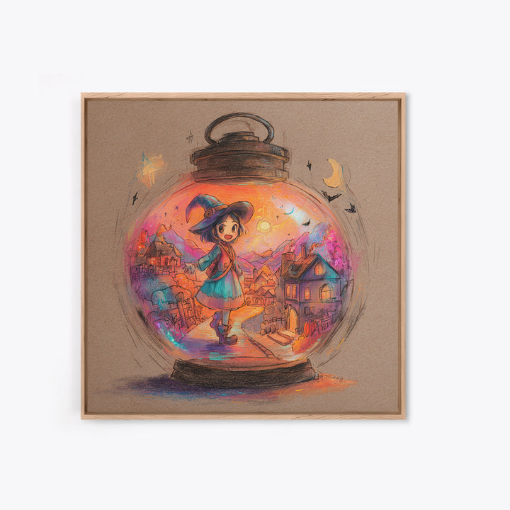 The World Inside A Lantern, Cute Spooky Neon Art, Square Wall Art, Framed Canvas Print, Retro Halloween Decor, Neon Wall Art
