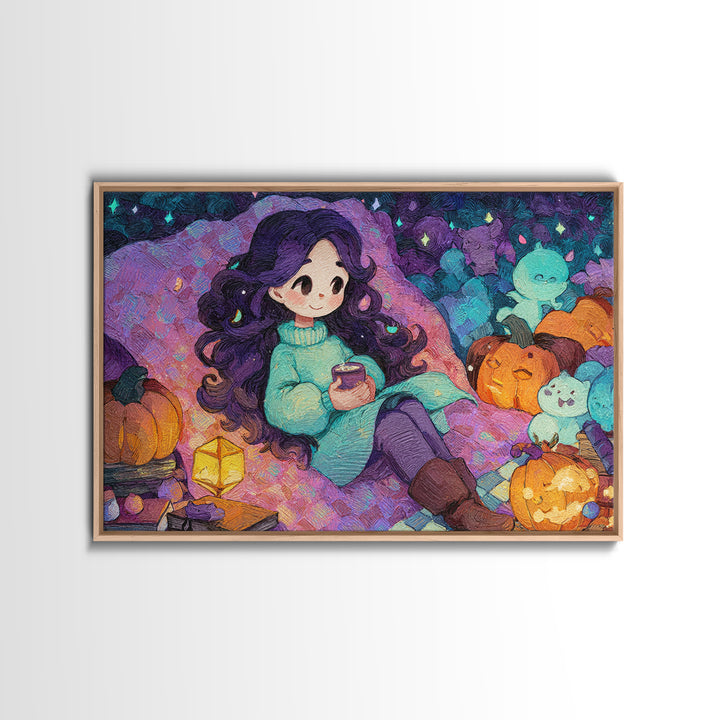 The Festival Of Friendly Frights, Cute Spooky Neon Art, Landscape Wall Art, Canvas Print, Retro Halloween Decor, Neon Wall Art