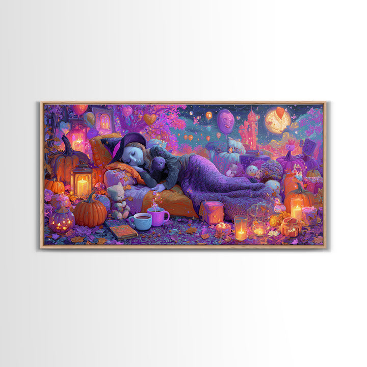 The Festival Of Friendly Frights, 80s Halloween Wall Art, Wide Panoramic Art, Framed Canvas Print, Retro Halloween Decor, Neon Wall Art