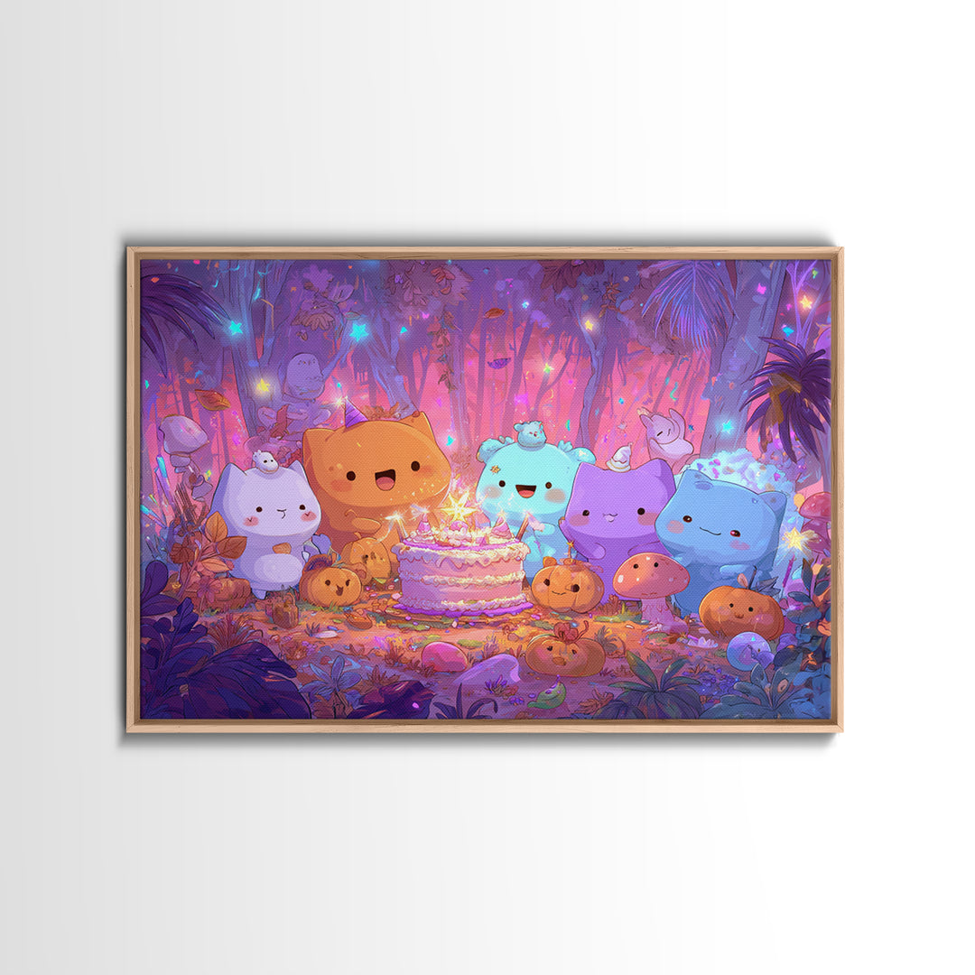 October'S Birthday Party, Cute Spooky Neon Art, Landscape Wall Art, Framed Canvas Print, Retro Halloween Decor, Neon Wall Art
