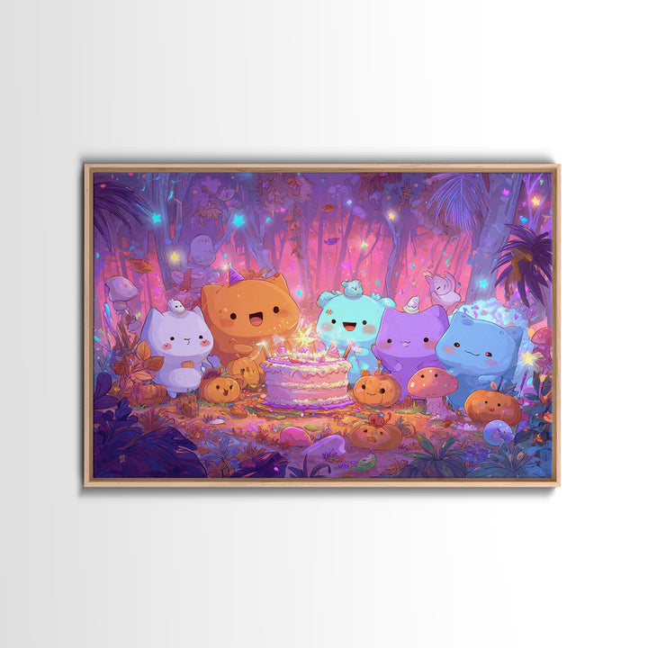 October'S Birthday Party, Cute Spooky Neon Art, Landscape Wall Art, Framed Canvas Print, Retro Halloween Decor, Neon Wall Art