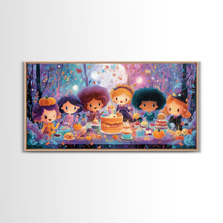 October'S Birthday Party, Vaporwave Halloween Decor, Wide Panoramic Art, Framed Canvas Print, Retro Halloween Decor, Neon Wall Art