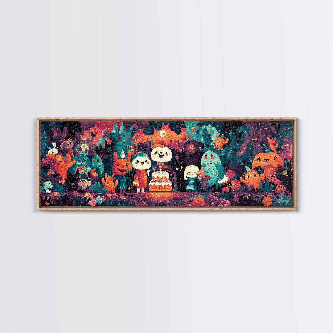 October'S Birthday Party, Vaporwave Halloween Decor, Extra Wide Wall Art, Canvas Print, Retro Halloween Decor, Neon Wall Art