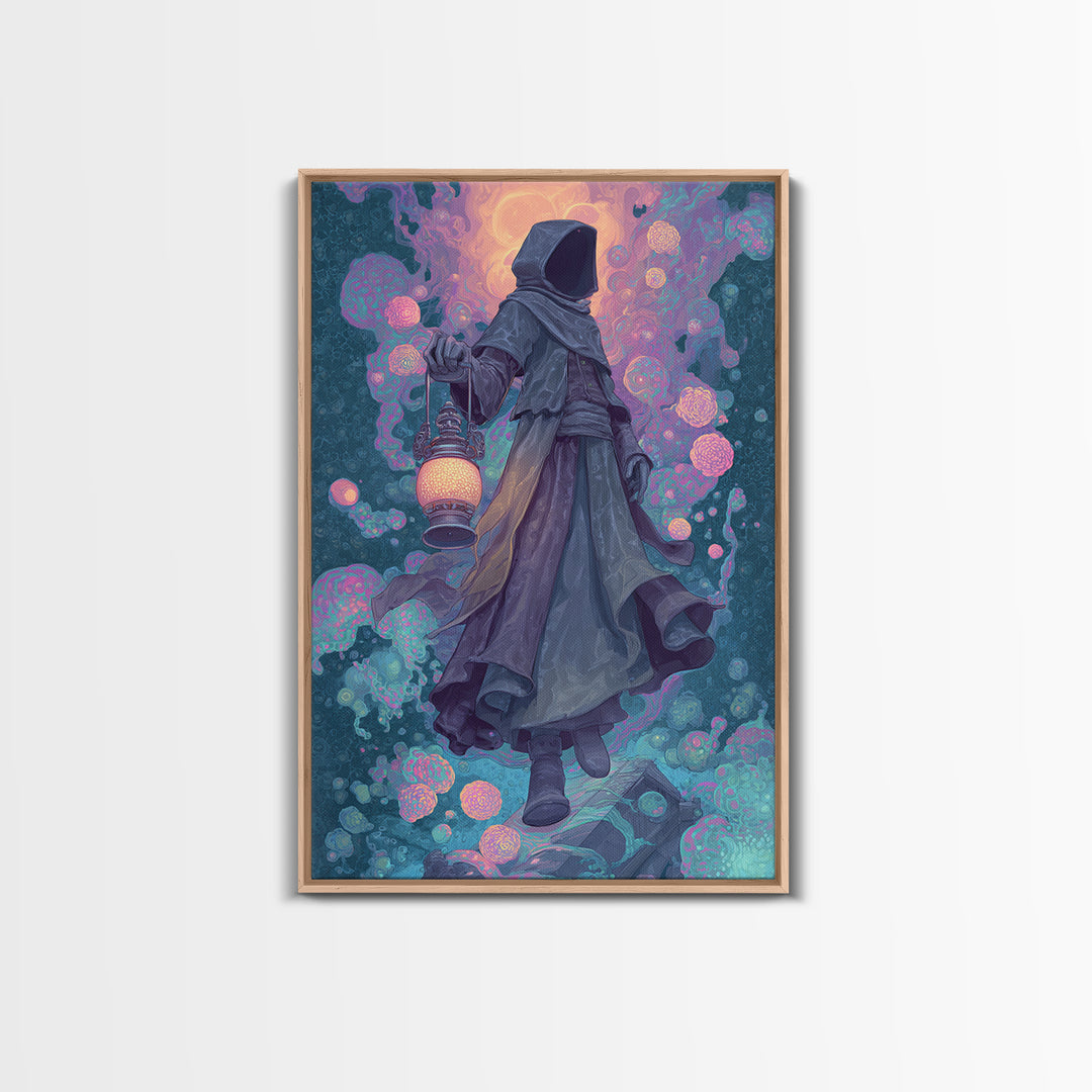 The Lantern-Bearer Of R’Lyeh, Retro Neon Halloween Art, Vertical Wall Art, Canvas Print, Retro Halloween Decor, Neon Wall Art