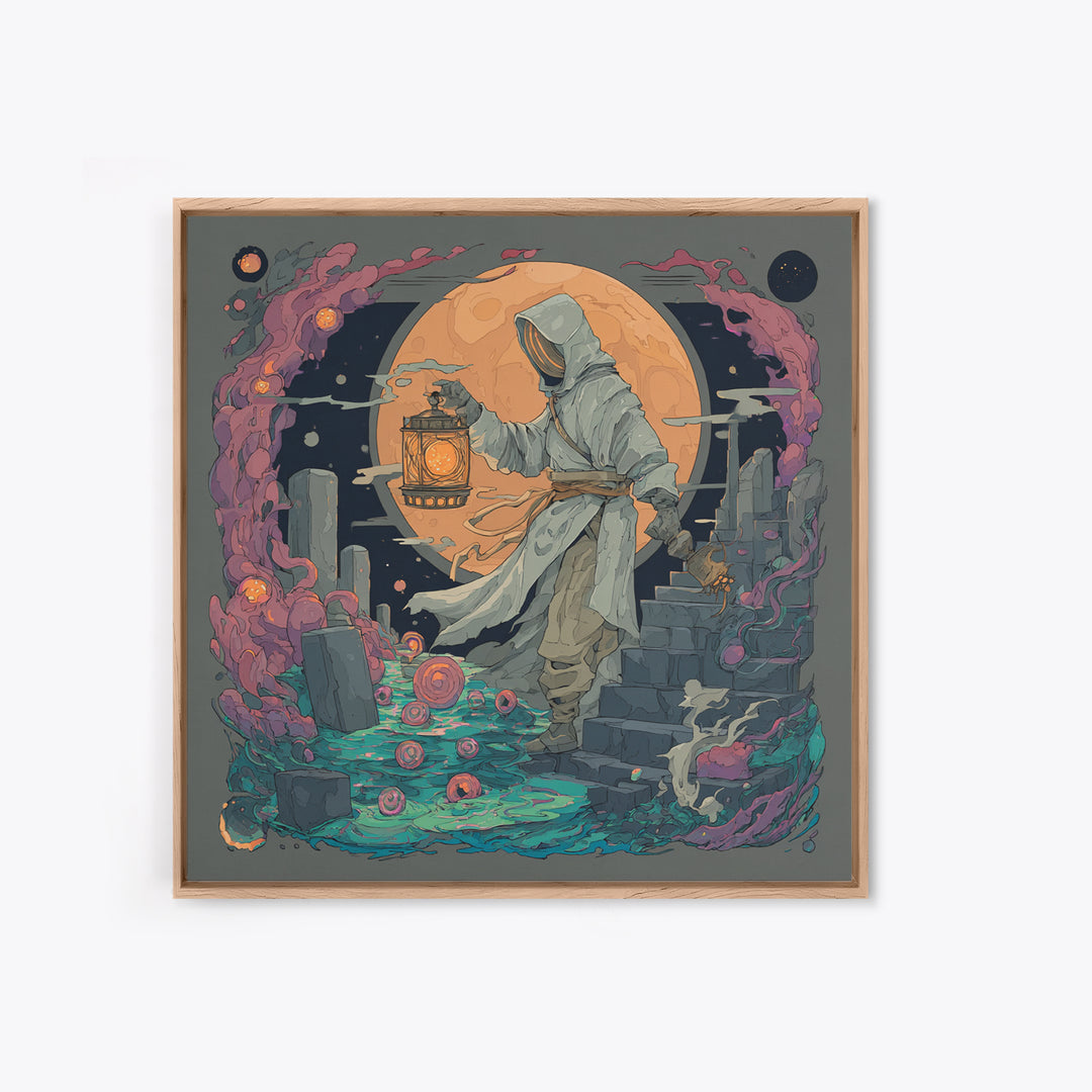 The Lantern-Bearer Of R’Lyeh, Vaporwave Halloween Decor, Square Wall Art, Framed Canvas Print, Retro Halloween Decor, Neon Wall Art