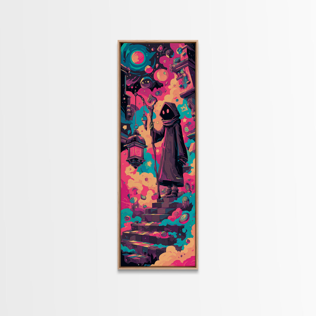 The Lantern-Bearer Of R’Lyeh, Retro Neon Halloween Art, Tall Narrow Wall Art, Canvas Print, Retro Halloween Decor, Neon Wall Art